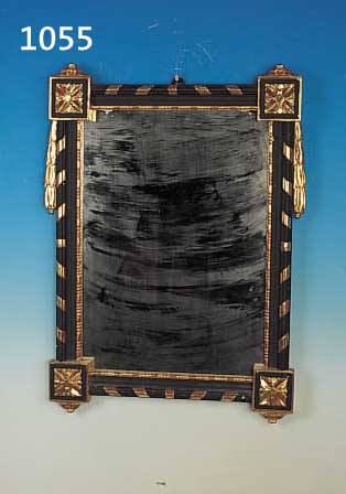 WANDSPIEGEL, WOHL ITALIEN, HOLZRAHMEN GESTUCKT UND GRüN UND GOLDFARBEN GEFASST, SPIEGELGLAS LEICHT KORR., CA. 83 X 64 CM