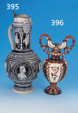 DECKELKRUG, WESTERWALD, UM 1900, , STEINZEUG REICH RELIEFIERT, BLAUE SMALTEMALEREI, ZINNDECKEL, H. CA. 42 CM