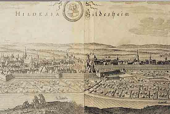 KUPFERSTICH, M. MERIAN, UM 1650, AUS THEATRUM EUROPäUM, GESAMTANSICHT HILDESHEIM, CA. 23 X 62 CM, PP