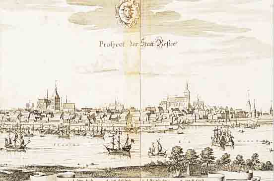 KUPFERSTICH, M. MERIAN, UM 1650, AUS THEATRUM EUROPäUM, GESAMTANSICHT ROSTOCK, CA. 27 X 65 CM, PP