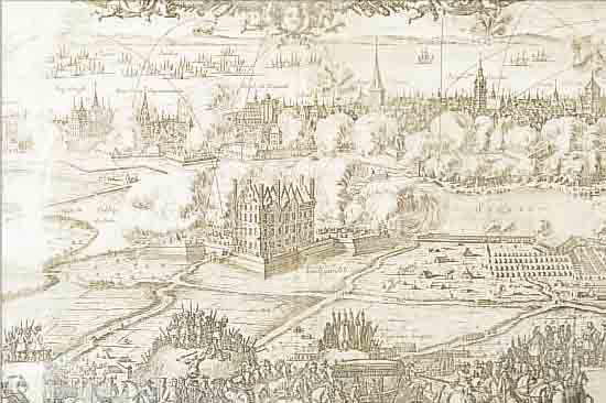 KUPFERSTICH AUS PUFENDORF: OSTSEECHRONIK, 1695, GESAMTANSICHT VON KOPENHAGEN, CA. 27 X 106 CM, PP