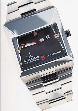 SPACEMAN HERRENARMBANDUHR UDACIEUSE, SCHWEIZUM 1972, METALL VERCHR., EDELST.-BAND, ZEN- TRALSEK., DATUM, HANDAUFZUGKAL., DESIGNER- MODELL VON ...