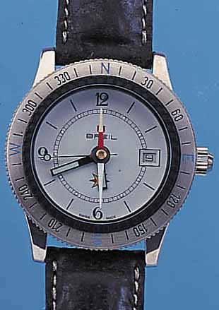 BREIL HERRENARMBANDUHR KOMPASS, REF.-NR. 146, SCHWEIZ UM 1995, METALL VERCHR., EDELST.-BODEN GEDR., UNGETR. LAGERW., DOPPELTE MINE- RALVERGL., ...