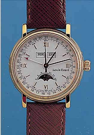 LOUIS ERARD HERRENARMBANDUHR VOLLKALENDER, SCHWEIZ UM 1999, METALL HARTVERG., BEIDS. MINERALVERGL., BODEN GEDR., VOLLKALENDER INCL.MONDPHASE, ...