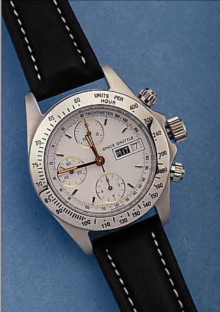ORFINA ARMBANDCHRONOGRAPH SPACESHUTTLE, SCHWEIZ UM 1999, EDELST. POL., BODEN, KRONE U. DRüCKER GESCHR., BEI FERTIGST. WASSERD. BIS100 M, ...