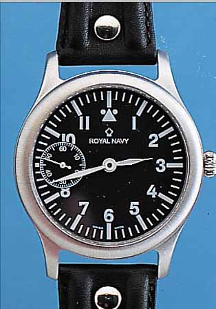 ORFINA MARINEFLIEGERUHR ROYAL NAVY, EDELST.,MATT., KONTRASTZIFFERBL. M. KL. SEK. BEI 9, D. CA. 42 MM, BODEN GEDR., ORIG.-ETUI, ERSATZ-LEDERB., ...