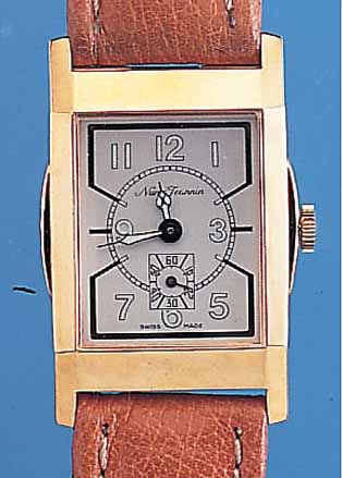 NUMA JEANINN HERRENARMBANDUHR, SCHWEIZ UM 1970, METALL VERG., RECT.-FORM, EDELST.-BODEN SCHARNIER, ORIG.-ETUI, STILTYP. 30ER JAHRE, 17 ST., ...