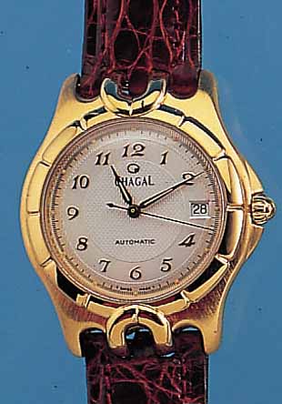 CHAGALL HERRENARMBANDUHR AUTOMATIK, SCHWEIZ UM 1995, METALL HARTVERG., MATT., BODEN U. KRONE GESCHR., UNGETR. LAGERW., ORIG.-LEDERB. U. ETUI, ...