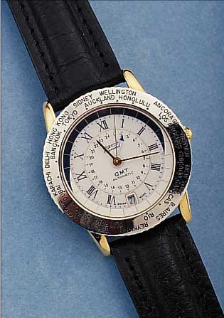 AUGUSTE REYMOND HERRENARMBANDUHR GMT AUTOMATIK REF.-NR. 49102S, SCHWEIZ UM 1996, METALL HARTVERG., BEIDS. MINERALVERGL., UNGETR. LA- GERW., ...