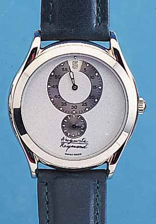 AUGUSTE REYMOND HERRENARMBANDUHR JUMPIN HOUR, REF.-NR. 56001, SCHWEIZ UM 1996, EDELST. POL., BEIDS. MINERALFLACHVERGL., UNGETR. LA- GERW., ...
