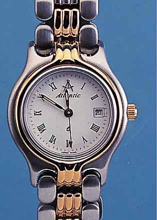 ATLANTIC DAMENARMBANDUHR, REF.-NR. 6605, SCHWEIZ UM 1995, EDELST. MATT., KRONE, LüNETTESOWIE ZWISCHENGL. HARTVERG., SICHERHEITSFALT- SCHL., ...