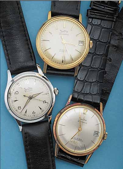 KONVOLUT: 7 ZENTRA HERRENARMBANDUHREN, ALLE AUTOMATIK, LAGERBEST., UM 1966, ALLE LEDERB., L. LAGERSP., M. DAMALIG VERW. KAL. (PUW 1261, FELSA 4007, ...