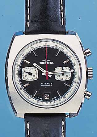 DUGENA ARMBANDCHRONOGRAPH, REF.-NR. 7734/157, SCHWEIZ UM 1971, EDELST., BODEN GESCHR., SCHW. KONTRASTZIFFERBL., 30-MIN.- ...