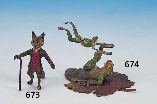 WIENER BRONZE, 20. JH., BUNT BEMALT, FUCHS MIT STOCK, H. CA. 3,5 CM