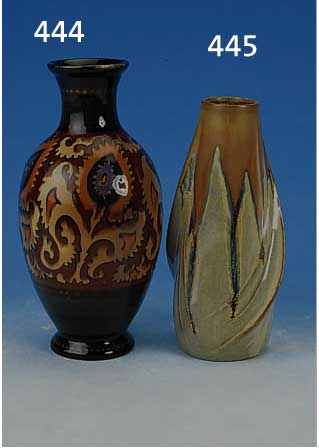 VASE, FRANKREICH, SIGN, MORVAN, UM 1920, KERAMIK, IN SICH GEDREHT MIT ANGEDEUTETEN HENKELN, BRAUNE UND GRAUGRüNE LAUFGLASUREN, H. CA. 22 CM