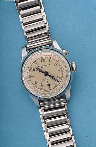 HARMAN ARMBAND-CHRONOGRAPH, REF.-NR. 613902, SCHWEIZ UM 1939, METALL VERCHR., EDELST.-BOD. U. GLASR. AUFGEDR., VERS. ...
