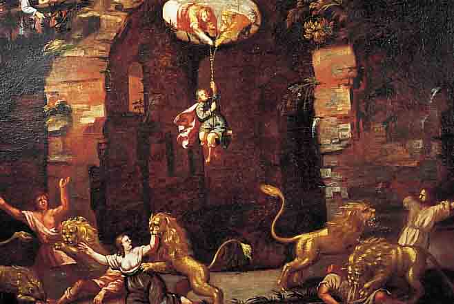 ITALIENISCHE SCHULE UM 1660/70, DANIEL WIRD AUS DER LöWENGRUBE GEZOGEN, WäHREND SEINE VERLEUMDER VON DEN LöWEN ANGEFALLEN WERDEN, ...