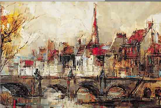 KARDIN, ALEXANDER, 2. HäLFTE 20. JH., STADTANSICHT MIT BRüCKE, ÖL/LWD., SIGN., RüCKS. BEZEICHNET, 50 X 100 CM, R.