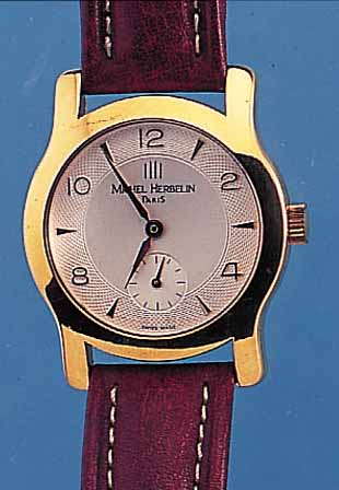 MICHEL HERBELIN HERRENARMBANDUHR REF.-NR. 3153, FRANKREICH/SCHWEIZ UM 1992, METALL HART-VERG., EDELST.-BODEN GEDR., BOMB. MINERALGL., GUILL. U. ...
