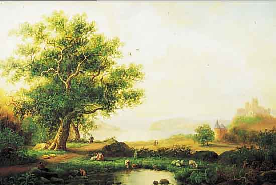MüHLBACH, PETER, *1957 LINDAU/BODENSEE, DETAILREICHE WEITE FLUSSLANDSCHAFT MIT BURG- ANSICHT, HIRTE U. WEIDEVIEH, ÖL/LWD., SIGN., 50 X 76 ...