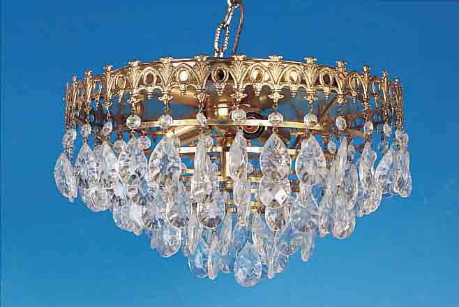DECKENLEUCHTER, DEUTSCH, 50ER JAHRE, MESSINGGUß, REICHER GLASBEHANG, 4 BRENNSTELLEN, H. CA. 20 CM, D. CA. 40 CM