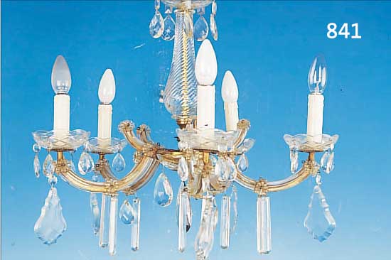 DECKENLAMPE, WOHL ITALIEN, 50ER JAHRE, GLASUMMANTELTE METALLMONTUREN, 5 BRENNSTELLEN, GLASBEHANG NICHT GANZ KOM- PLETT, H. ...