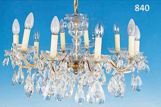 DECKENLEUCHTER, DEUTSCH, 50ER JAHRE, , GLASUMMANTELTE MONTUREN, REICHER GLASBEHANG, 10 BRENNSTELLEN, EIN GLASTELLER BESCHäDIGT, H. CA. 38 ...