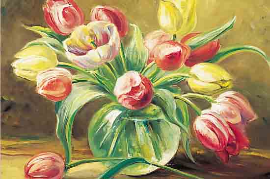 UNBEK. KüNSTLER 1. HäLFTE 20. JH., GELBE UNDROTE TULPEN IN EINER GLASVASE, ÖL/LWD., UN- LESERL. SIGN., 50 X 60 CM, R.