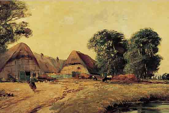 UNBEK. KüNSTLER ANFANG 20. JH., LäNDLICHE SZENE MIT PERSONENSTAFFAGE, ÖL/LWD., UN- LESERLICH SIGN., 67 X 81 CM, R.