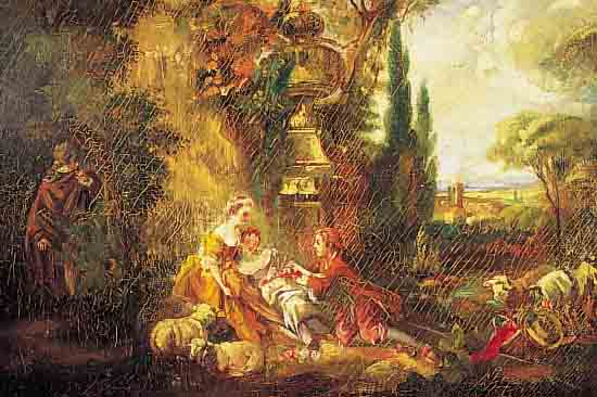 UNBEK. KüNSTLER DES 19. JH., KOPIE NACH DEM ORIGINAL VON FRANCOIS BOUCHER IM PARISER LOUVRE, HIER: SCHäFERSZENE, ÖL/LWD. (REST., ...