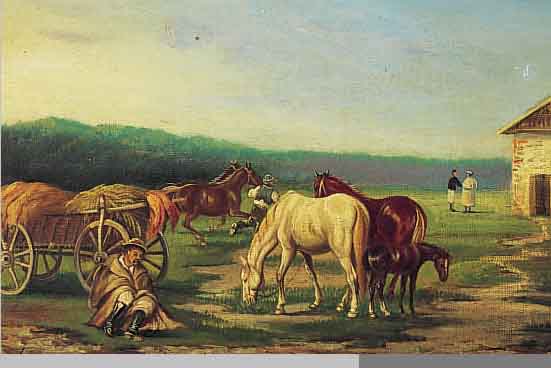 UNGARISCHE SCHULE UM 1900, WEITE LANDSCHAFT MIT HEUWAGEN, PFERDEN UND PERSONEN, ÖL/LWD. (ALTERSSPUREN), SCHWER LESBAR SIGN. ODER BEZ.,32 X 53 CM, ...