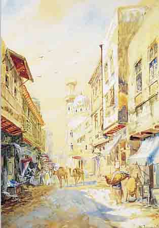 JANOWITZ, P. H., ORIENTALIST DES 19./20. JH., STRASSENSZENE MIT PERSONEN- STAFFAGE UND KAMELEN, AQUARELL AUF GELBLICHEM KARTON, ...