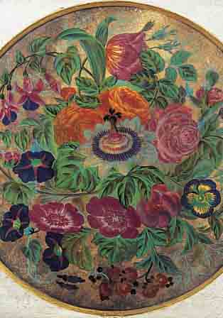 UNBEK. KüNSTLER DES 19. JH., FEIN GEMALTES STILLEBEN MIT ROSEN, STIEFMüTTERCHEN, MALVEN ETC., DURCHMESSER CA. 43 CM, R., HINTERGLAS- MALEREI