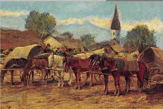 UNGARISCHE SCHULE D. 19. JH., MARKT MIT PFERDEGESPANNEN VOR DEM DORF, ÖL/HOLZ, UN- LESERL. SIGN., 12 X 19 CM, R. (DIESER L. BESCH.)