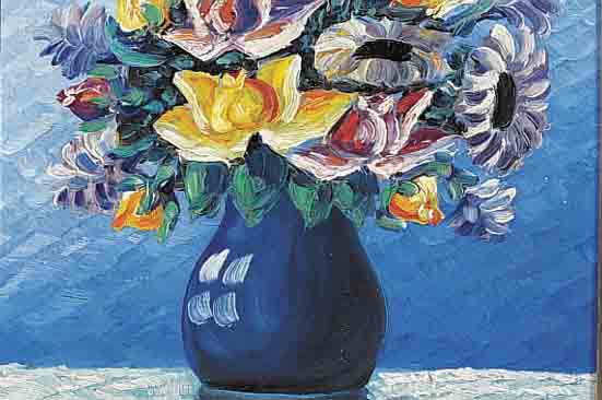 VON AMBERG, E., 1. HäLFTE 20. JH., BLUMEN INBLAUER VASE, ÖL/HARTFASER (SORGF. REST.), SIGN., 33 X 39 CM, R.