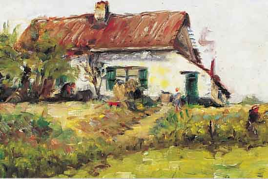 VAN DRIESSCHE, C., BELGISCHER EXPRESSIONIST ANFANG 20. JH., HIER: BAUERN BEI DER ARBEIT VOR IHRER HüTTE, ÖL/LWD./MALKARTON, SIGN., 30 X 40 ...