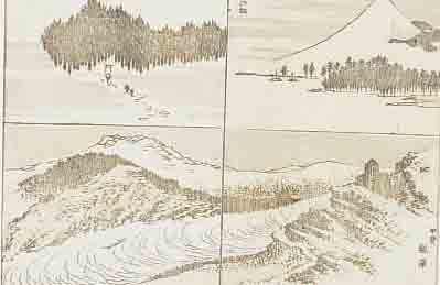 HOKUSAI, 4 DOPPELSEITEN AUS VERSCHIEDENEN MANGWA-BüCHERN: KüSTENLANDSCHAFTEN, MOUNT FUJI, TEMPELDARSTELLUNG; FARBHOLZSCHNITTE IN ZARTEN ...