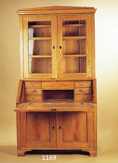 AUFSATZSEKRETäR, MITTELDEUTSCH, UM 1840/50, RüSTER MASSIV,, MIT DEKORATIVEN INTARSIEN, KRONE SPäTER, SCHELLACKPOLITUR, 210 X 108 X 63 CM