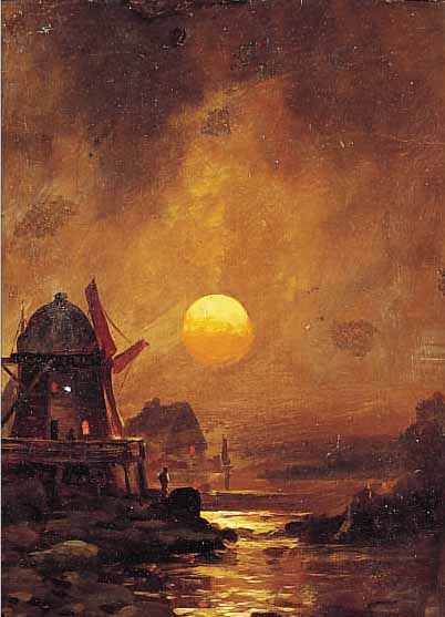 UNBEKANNTER MALER, WOHL NIEDERLANDE, UM 1900, , KüSTENANSICHT MIT WINDMüHLE BEI MONDSCHEIN, ÖL/LWD, DOUBLIERT, RE. U. UNLESER-LICH ...