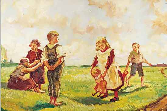 KEMPF, DATIERT 1935, KINDER AUF DER WIESE, ÖL/LWD, RE. U. SIGN. UND DAT., CA. 60 X 100 CMR.