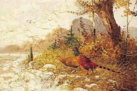 FRANK-COLON, EUGEN, UM 1909 DüSSELDORF/MüNCHEN, FASANENPAAR IN HERBSTLICHER LANDSCHAFT, ÖL/HOLZ, KRAKELIERT, RE. U. ...