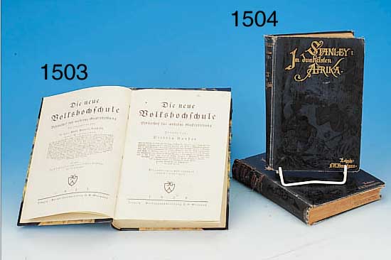 DIE NEUE VOLKSHOCHSCHULE, WEIMANN LEIPZIG, 1925, IN VIER BäNDEN, ILLUSTRIERT, DURCH- GEHEND STOCKFLECKIG UND GEBRäUNT, HALBLEDER- EINBAND, ...