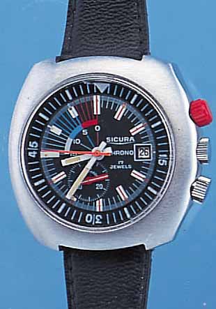 SICURA HERRENARMBANDUHR CHRONO, SCHWEIZ UM 1970, MASSIV METALL MATT VERCHR., EDELST.-BO- DEN GESCHR., SCHEINCHRONOGRAPH, ZIFFERBL.- AUßENKRANZ ...