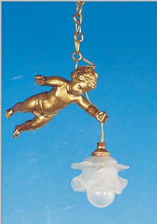 KLEINE DECKENLAMPE, FRANKREICH, SPRITZGUß IN FORM EINES PUTTO, MATTIERTER PREßGLASSCHIRM IN BLüTENFORM, ELEKTR. NICHT GEPRüFT, ...