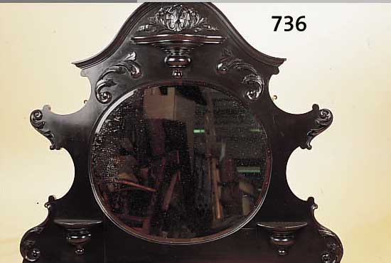 WANDSPIEGEL, WOHL DEUTSCH, UM 1890, FACETTIERTER SPIEGELEINSATZ LEICHT KORR., AUFGELEGTE SCHNITZEREIEN, DREI ABLAGEN, CA. 100 X ...