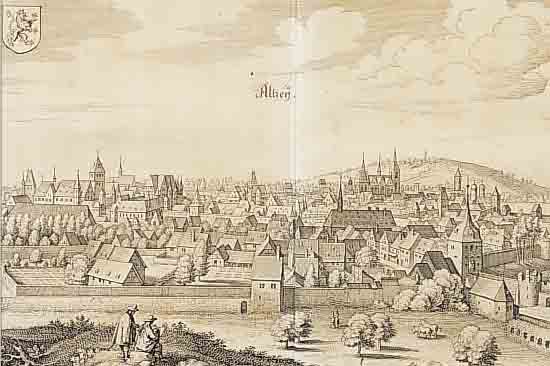 MERIAN, M., UM 1650, KUPFERSTICH, GESAMTANSICHT ALZEY, CA. 22 X 35 CM, BUGFALTE