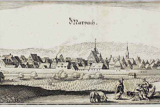 KONVOLUT VON 2 BLATT, B. WüRTEMBERG UND MARBACH: 1.) KUPFERSTICH M. MERIAN, GA MARPACH, 9,5 X 32,5 CM, UM 1650; 2.) ALT- KOLOR. ...