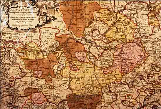 ALTKOLOR. KUPFERSTICHK., V. VISSCHER, AMSTERDAM, CA. 1710, NASSOVIA PRINCIPATUS CUM OMNIBUS EI PERTINENTIBUS COMITALIBUS..., MIT GROßARTIGER ...