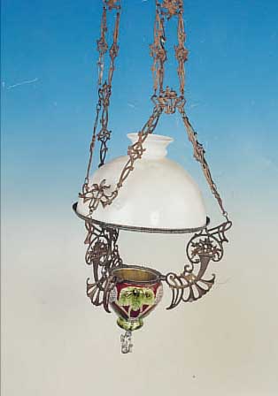 DECKENLAMPE, WOHL FRIESLAND, UM 1900, MAJOLIKAEINSATZ, MILCHGLASSCHIRM, HöHENVERSTELLBAR, MIT FLORALER GUßEISERNENER ...