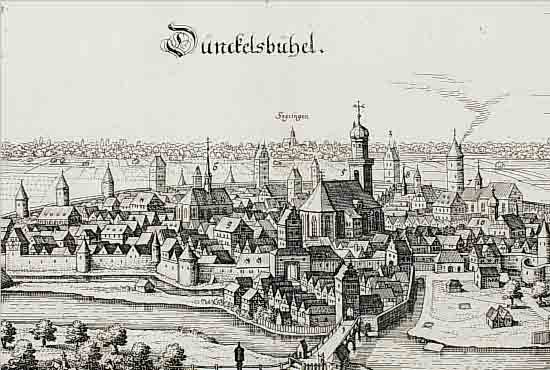 KONVOLUT VON 2 BLATT MIT DINKELSBüHL, 1.) KUPFERSTICH V. M. MERIAN, CA. 1650, GA DüNCKELSBüHL, TADELLOSES EXEMPLAR OHNE SICHT- BAREN ...